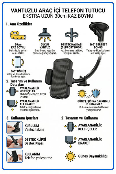 mimtec Akrobat Araç İçi Telefon Tutacağı - 360 Derece Ayarlanabilir Vantuzlu Vakumlu Telefon Tutucu