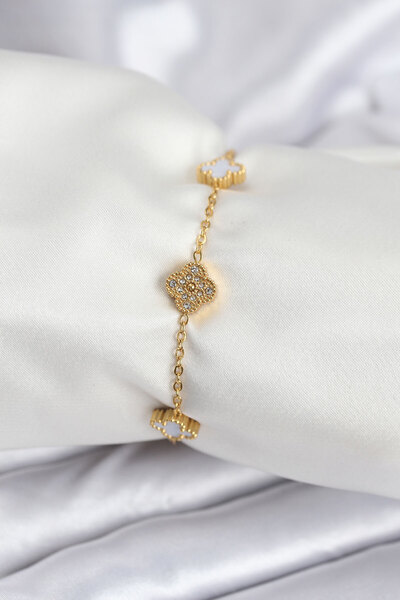 Nehir Stylish 316L Steel Gold Color White and Zircon Stone Baby Boy Clover Wo...