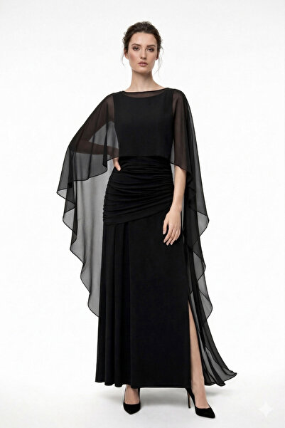 By Yaren Yazıcı Γυναικείο μαύρο σιφόν φόρεμα με βολάν, κάπα, κιμονό, καφτάνι,...