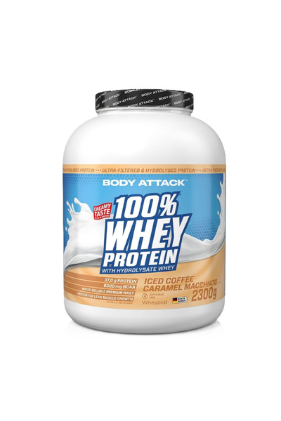 Body Attack بروتين مصل اللبن 100% 2.3 كجم بنكهة القهوة المثلجة والكراميل ماكياتو