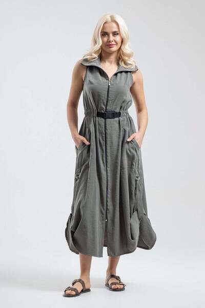 Bold & Young Rochie de damă din țesătură modal, kaki, cu buzunare, fără mânec...