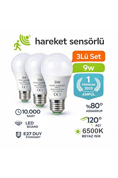 BarkoFix Hareket Sensörlü Led Lamba 3 Adet Let Ampül Beyaz Işık 9w %80 Tasarr...