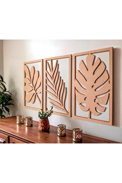 Totix Yaprak Temalı, Boho, 3'lü Duvar Dekor Süsü, Tablo