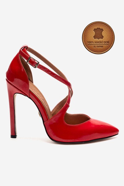 Ayakkabı Ateşi Γνήσιο δερμάτινο κόκκινο λουστρίνι με μυτερή μύτη και ψηλό λεπ...