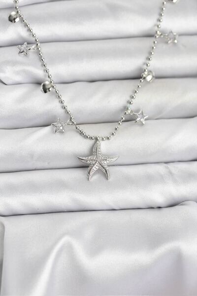 Nehir Stylish Brass Silver Color Zircon Stone Sea Star Model Women's Necklace...