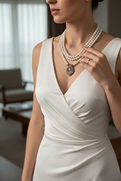 FAYRA ACCESSORIES Kristal Taşlı Elmas Montür Su Damlası İnci Kolye