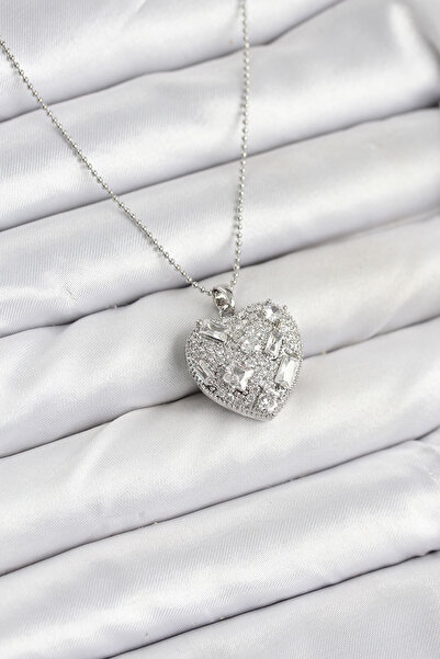 Nehir Stylish 316L Steel Chain Silver Zircon Stone Heart Women's Necklace Tea...