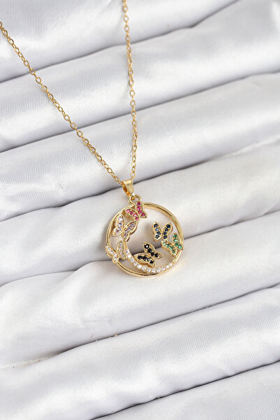 Nehir Stylish 316L Steel Chain Gold Color Zircon Stone Butterfly Women's Neck...