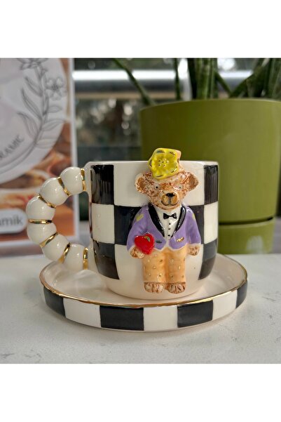 NOF El Yapımı Seramik Gerçek 24k Altın Damat Teddy DUBLE Türk Kahvesi Fincanı