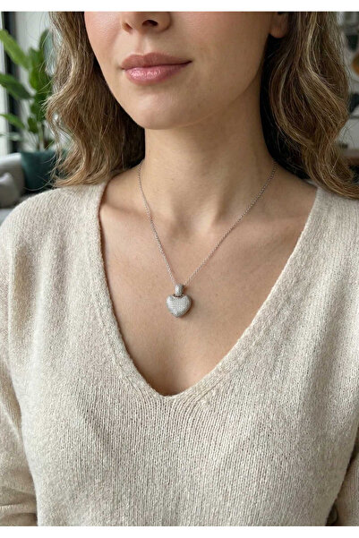 Nehir Stylish 316L Steel Chain Silver Color Zircon Stone Heart Women's Neckla...