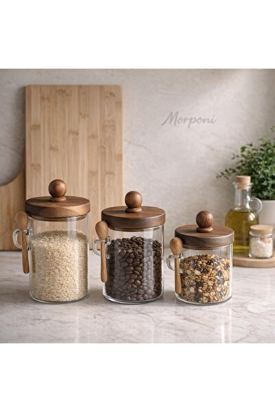 Qerhome 3-Piece Borosilicate Glass Spice Jar Set with Acacia Lid 450 - 550-75...