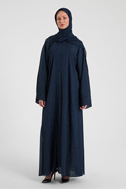 Şakika Koyu Lacivert Shine Taşlı Abaya Ferace & Şal - Standart Beden & Farklı...