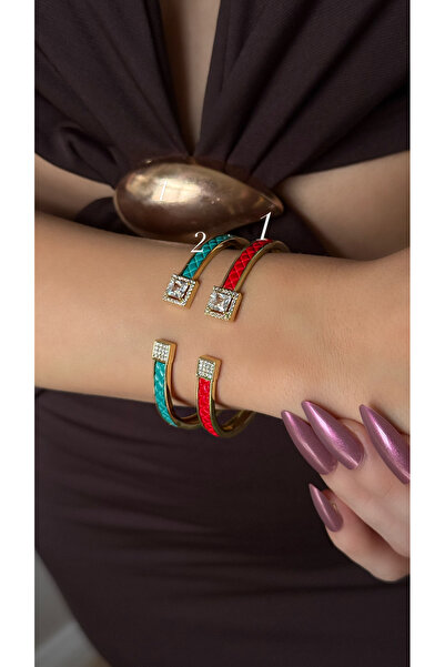 AYLAKAYA No. 2 Green Enamel Gold Handcuff Bracelet with Zircon Stone Detail