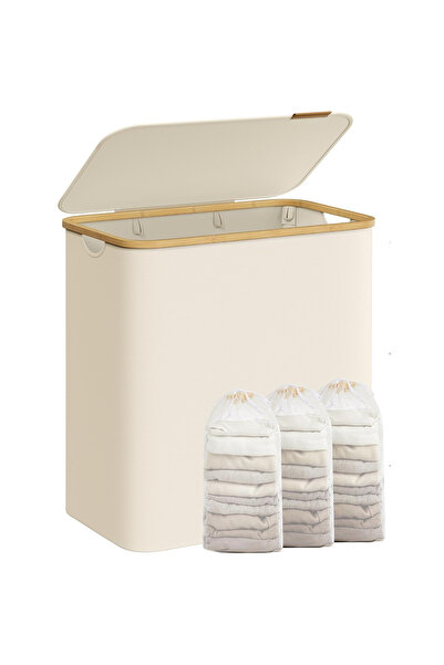 SONGMICS Καλάθι απλύτων με 3 διαμερίσματα και καπάκι, 150L, Αποσπώμενος σάκος...