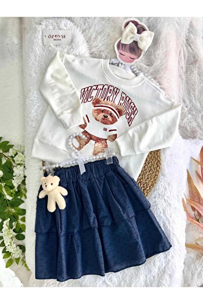 ÖZSEMODA Teddy Bear Printed and Charmed Cotton Skirt Set