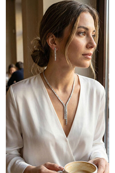 Nehir Stylish Silver Color Baguette Zircon Stone Women's Necklace Earring Set...