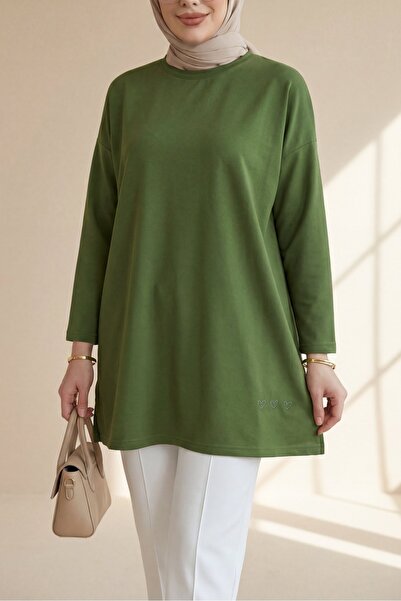 HİJABAYA Χαλαρό χτενισμένο βαμβακερό τουνίκ με λεπτομέρεια καρδιάς και σκίσιμ...