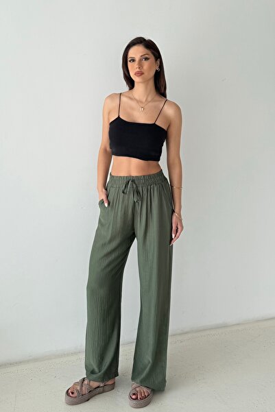 BEJNA Γυναικείο υφαντό παντελόνι χακί με φαρδιά μπατζάκια