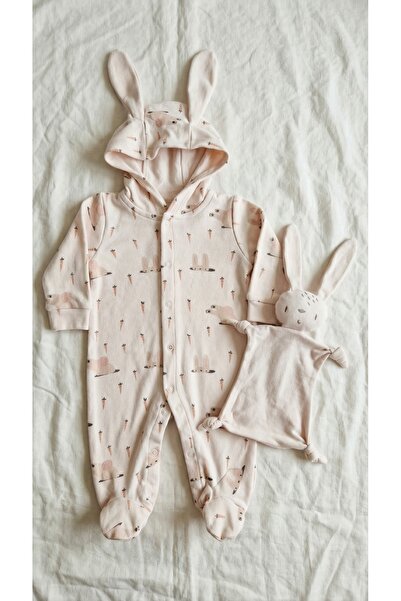 Sabi Rabbit Ear Hooded Baby Romper and Sleeping Toy Set with Booties