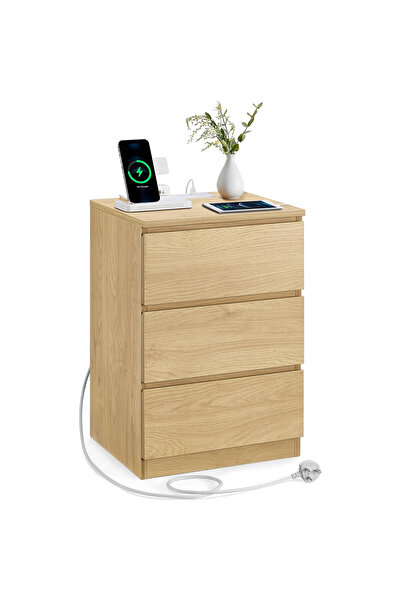 VASAGLE KAILYN Κομοδίνο με πρίζα και USB, 3 συρτάρια, Μοριοσανίδα, 40x35x59 εκ.