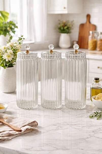 Qerhome Set of 3 Borosilicate Glass Optical Striped Crystal Jars with Gold Li...