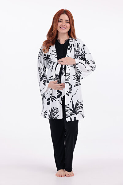 BLACKMORE Women's Black Cotton Leaf Patterned Dressing Gown 3-Piece Maternity...