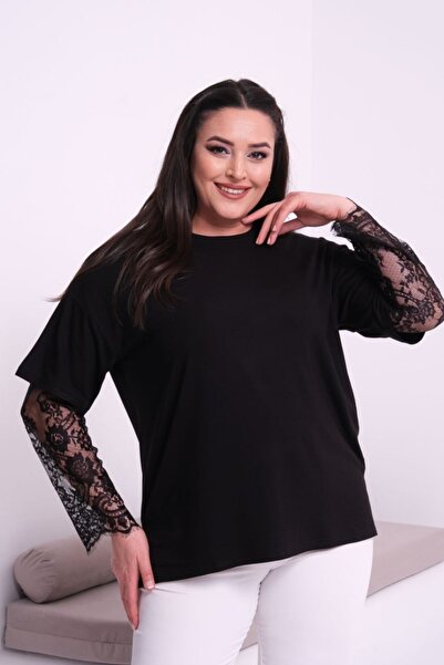 Esina Γυναικεία μπλούζα από βισκόζη με δαντέλα στα μανίκια