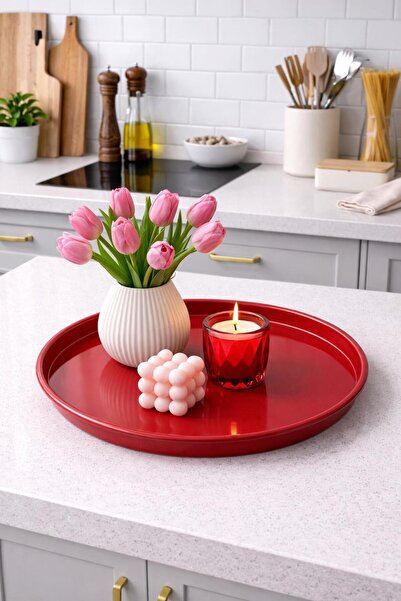 LEYA HOME Kırmızı Renkli Metal Sunum Servis Tepsisi 25cm- 1 Adet