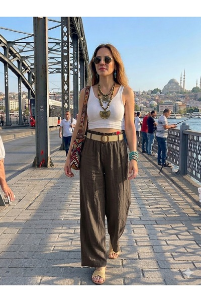 AYASOFYA OTANTIK Γυναικείο ιταλικό καφέ παντελόνι με ελαστική μέση, απλό σχέδ...