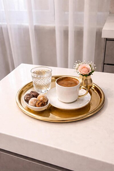 LEYA HOME Şık Gold Metal Sunum Kahve Dekoratif Tepsi Sunumluk 23cm - 1 Adet