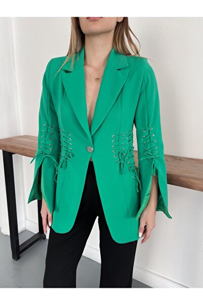 diaves Yeşil Bağcık Detaylı Kruvaze Kesim Dokuma Kumaş Blazer Ceket