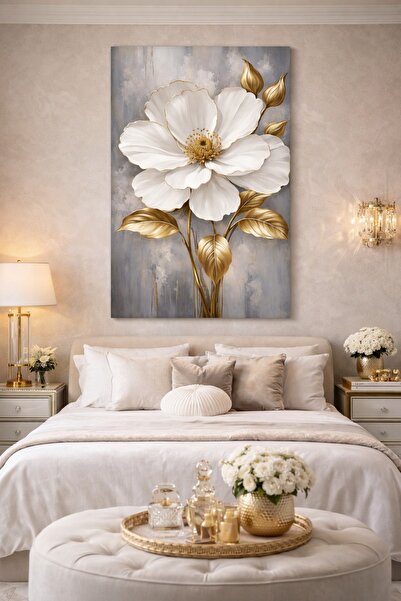 HDART Premium Çiçek Gold Yaprak Kanvas Tablo Kabartma Görünüm – Bej Salon Ofi...