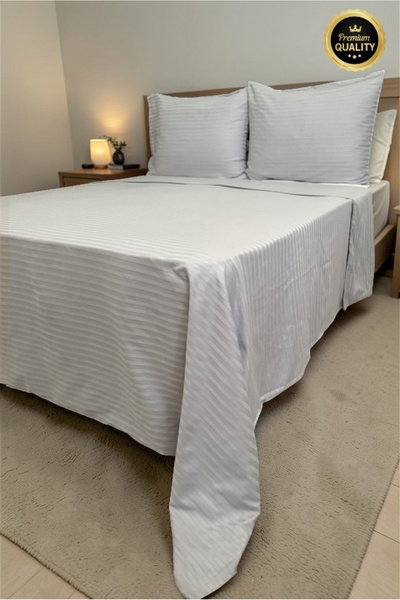 VESSİNOHOME Striped Cotton Satin Double Duvet Cover Set Hotel White Colored C...