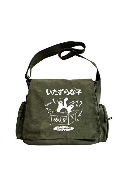 Toum Vintage Sweet Cute Cat Printed Unisex Khaki Messenger Bag