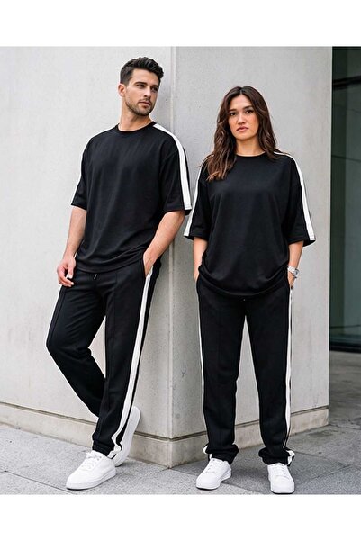 Cufan Unisex Siyah Yan Şeritli Oversize Eşofman Takımı - Salaş Kesim Alt Üst ...