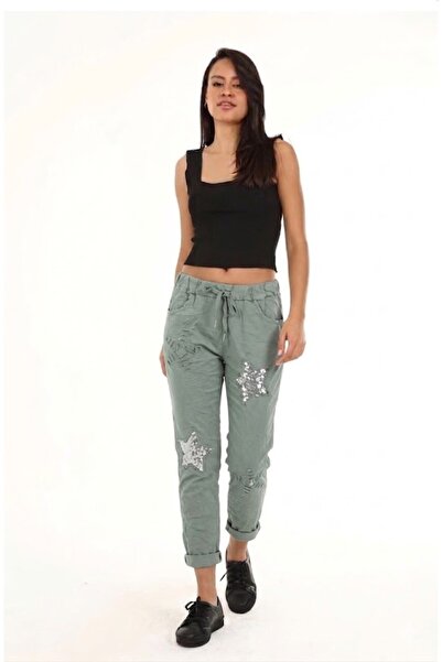 AYASOFYA OTANTIK Γυναικείο ιταλικό παντελόνι ανοιχτόχρωμο χακί με παγιέτες κα...