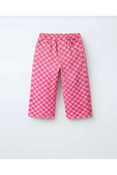 İpek Baby Girl's Cotton Denim Pink Square Patterned Pantalon