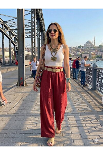 AYASOFYA OTANTIK Γυναικείο ιταλικό παντελόνι μπορντό με ελαστική μέση, απλό σ...