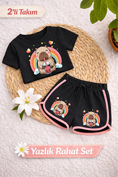MECH BUTİK Capybara Printed Crop-Shorts Set