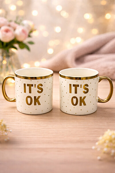 YzHome 2 Li Porselen Yaldızlı Gold Detaylı Çay Kahve Bardağı Kupa Bardak Doub...