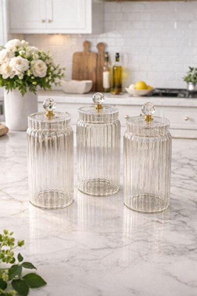 Qerhome 3-Piece Borosilicate Glass Optical Striped Crystal Jar Set with Gold ...
