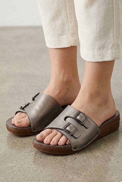 Polaris Γυναικείες Ασημένιες Παντόφλες Comfort με Ζώνη, Παντόφλες για το Σπίτι