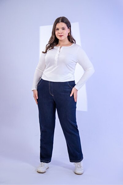 Roxxlen Women's Plus Size Denim Trousers Navy Blue