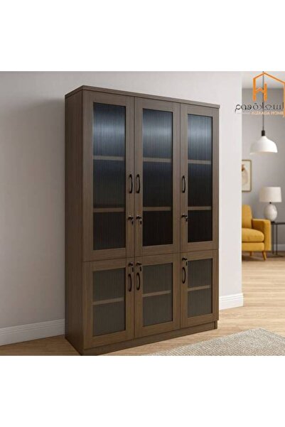 Al Saadah Home خزانة كتب مكتبية 3 أبواب خشبية - بني - 120×40×200 سم