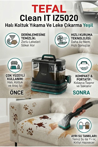 TEFAL Clean Halı Koltuk Yıkama Ve Leke Çıkarma Makinesi 13.5 kPa Üstün Emiş Gücü