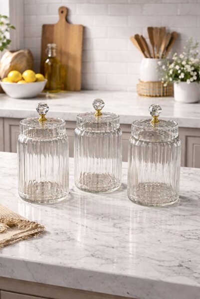 Qerhome Set of 3 Borosilicate Glass Optical Striped Crystal Jars with Gold Li...