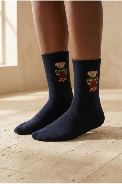 Katia&Bony Γυναικείες κάλτσες με σχέδιο Teddy, χωρίς λάστιχο, σε σκούρο μπλε ...