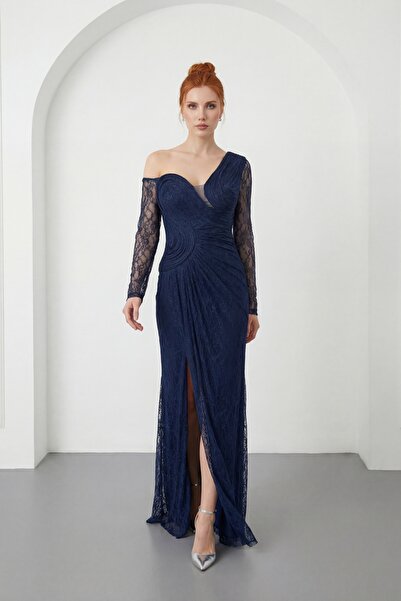 Lafaba Women's Navy Blue Long Lace Evening Dress with Chest Detail