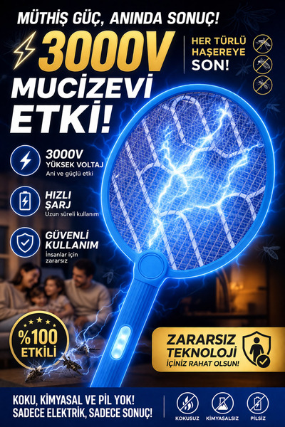 xolo Mavi LED Sinek Öldürücü Raket Şarjlı 3000V Elektrikli Haşere Kovucu Sivr...