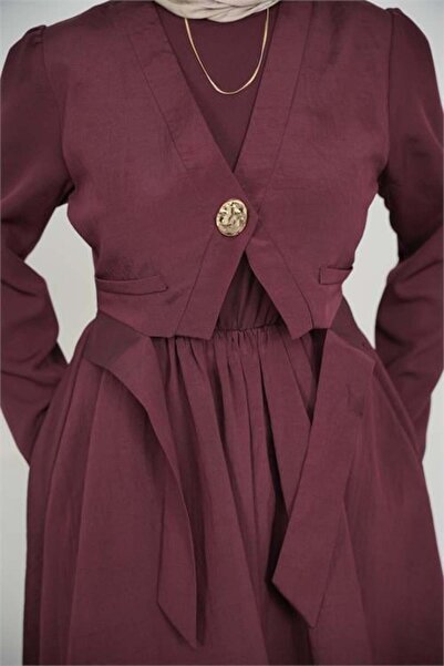 Dipmoda Γυναικείο μπορντό φόρεμα χιτζάμπ με χρυσά κουμπιά και λεπτομέρειες DP...